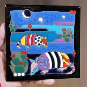 Southwest Armadillo Art Tile by Masterworks, 6" Colorful Folk Art Pottery, Clay